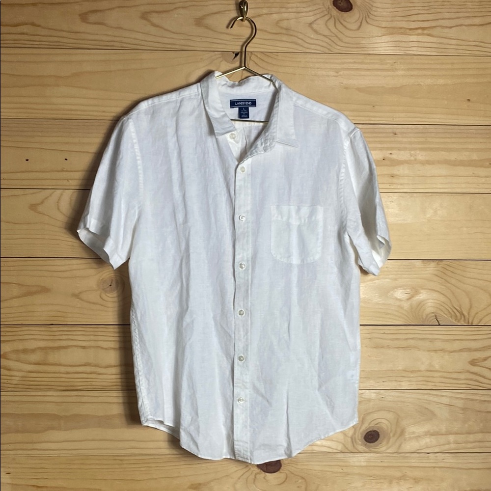Lands End Men's Classic White‎ 100% Linen Button Down Shirt